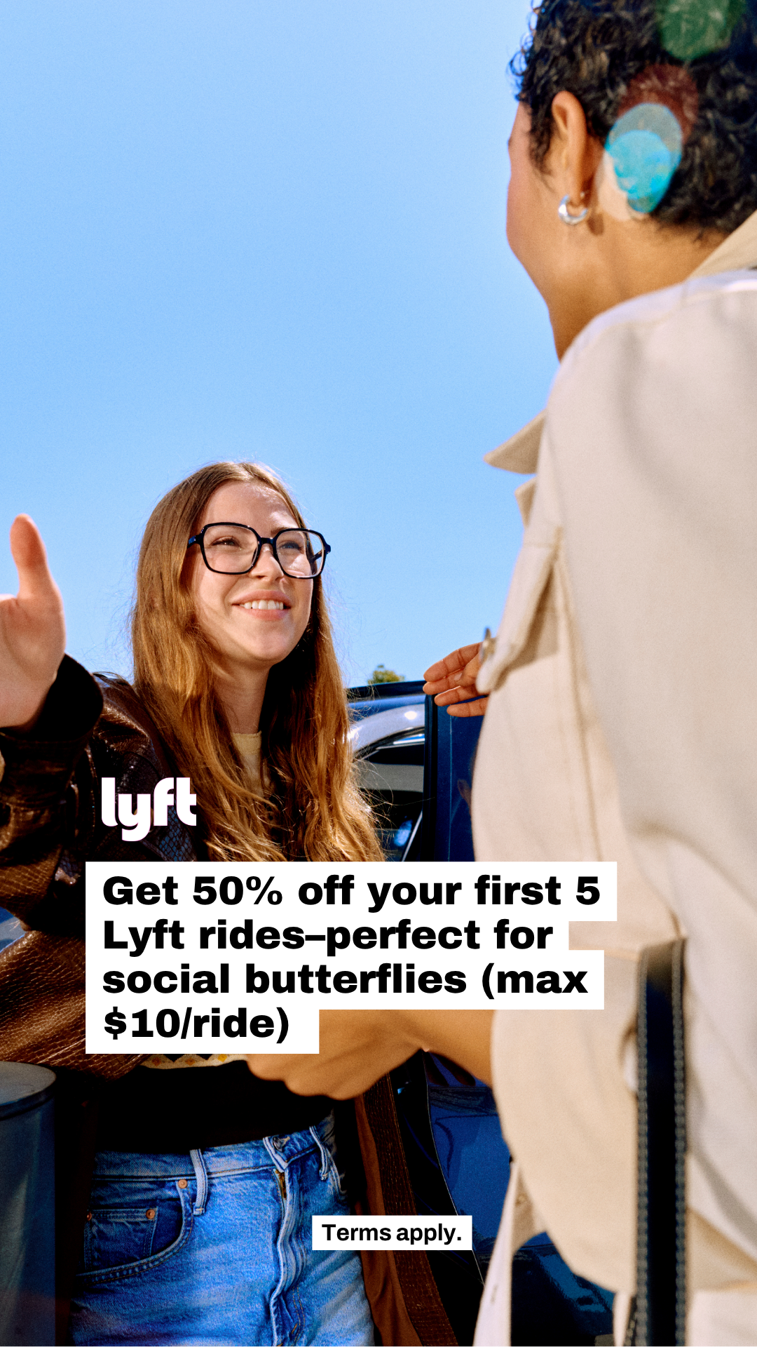 Apps Facebook ad example 29: Get 50% off your first 5 Lyft rides–perfect for social butterflies (max $10/ride)