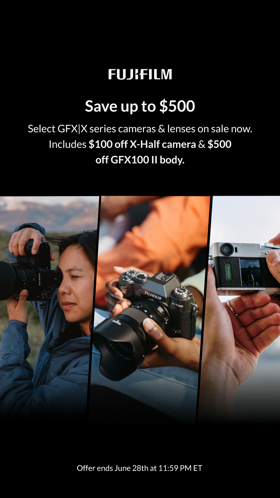 Photography Facebook ad example 20: Fujifilm Save up to $500!