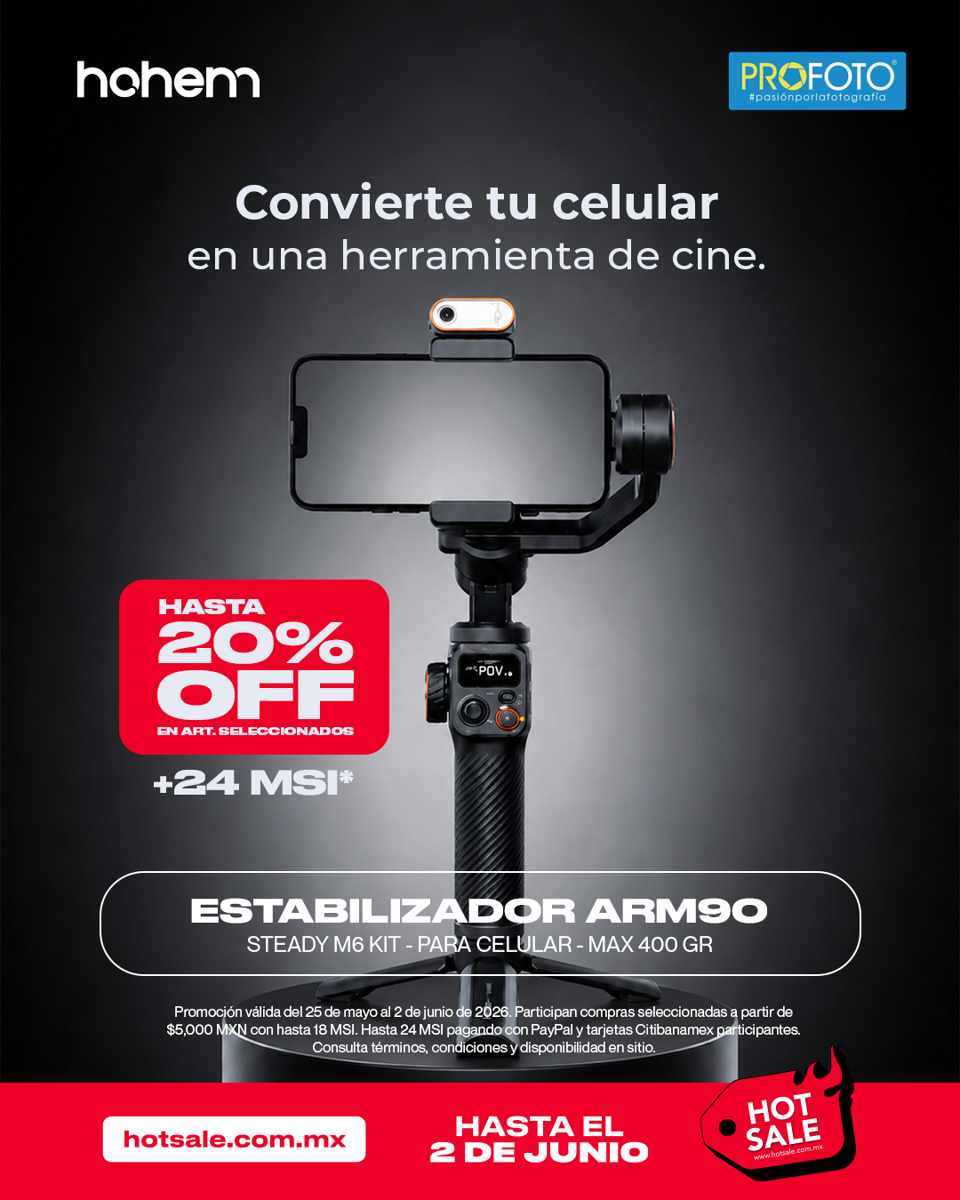 Photography Facebook ad example 7: ESTABILIZADOR HOHEM ARM90 STEADY M6 KIT - PARA CELULAR - MAX 400 GR