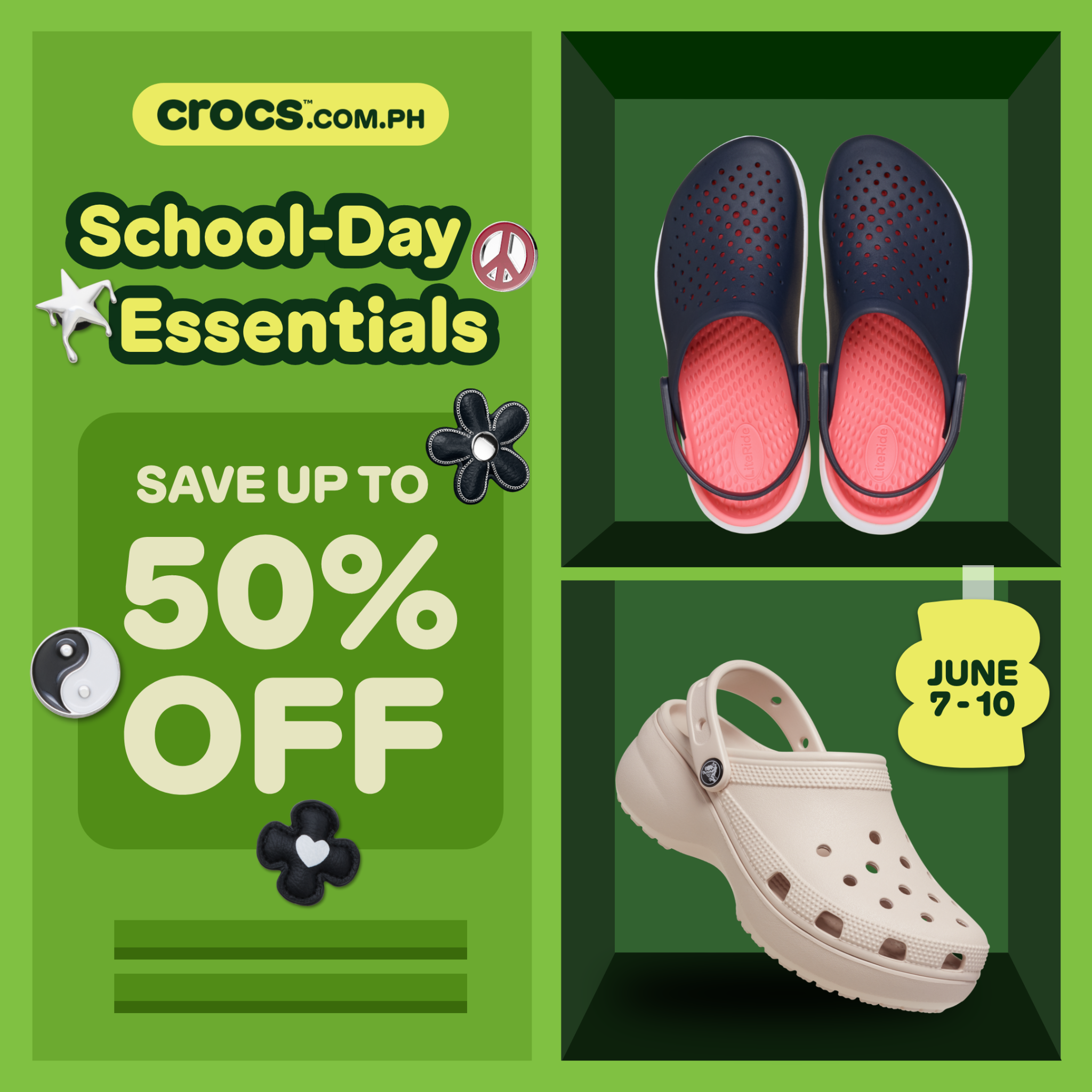 Fashion Facebook ad example 18: Up to 50% Off Crocs! 🎒