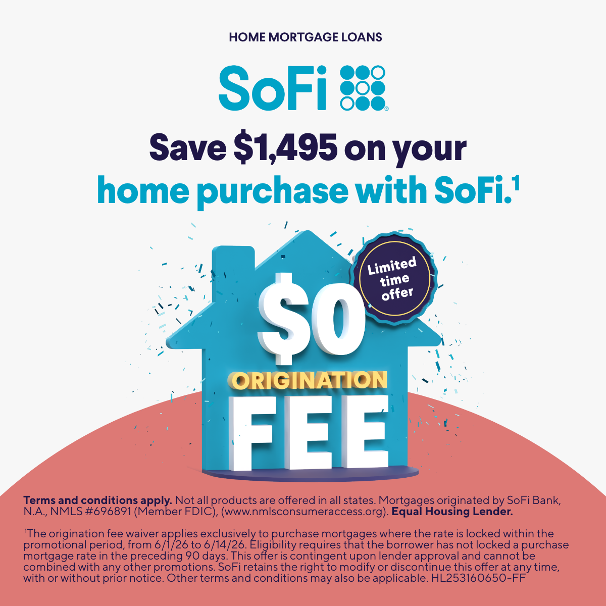 Finance Facebook ad example 3: Pay $0 origination fee on a mortgage loan—save $1,495.¹