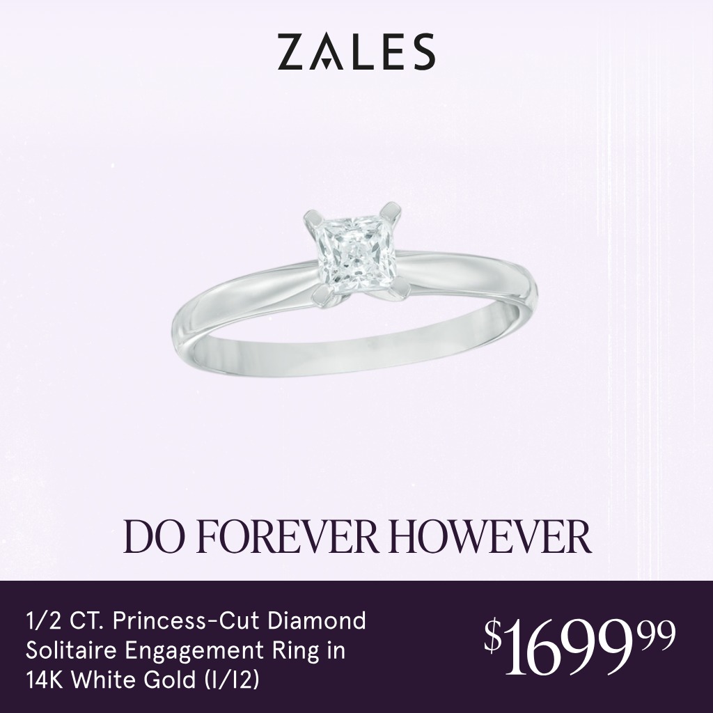 Jewelry Facebook ad example 5: 1/2 CT. Princess-Cut Diamond Solitaire Engagement Ring in 14K White Gold (I/I2)