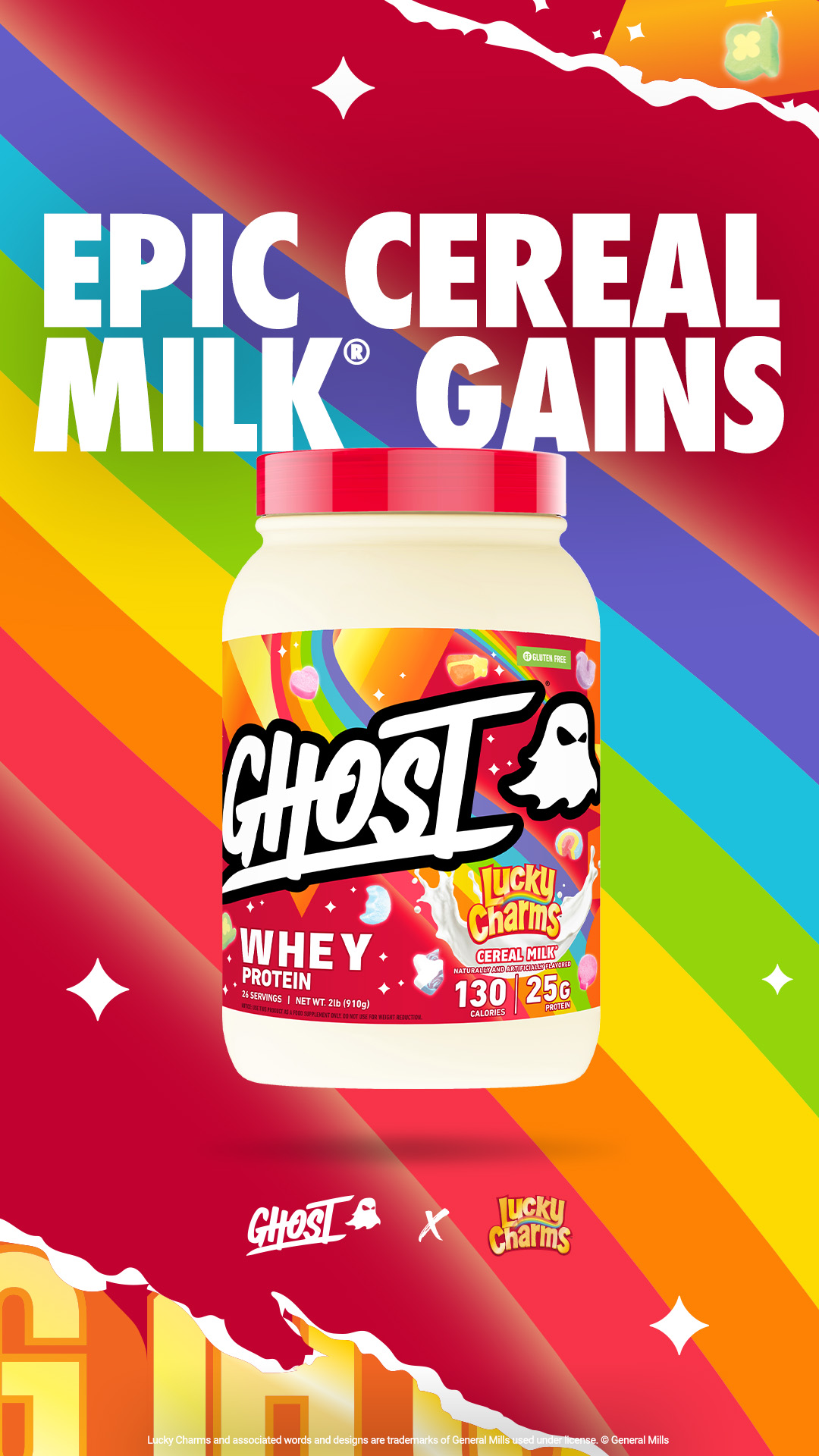 Supplements Facebook ad example 36: GHOST® WHEY x LUCKY CHARMS™ "CEREAL MILK®"