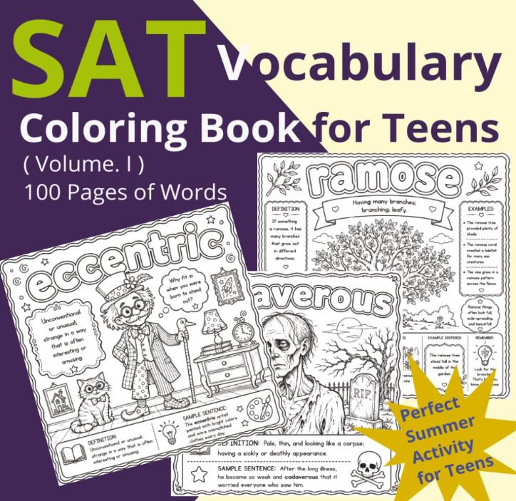Ecommerce Facebook ad example 18: SAT Vocabulary Coloring Book - Volume I: SAT prep by coloring | vocabulary builder for kids | visual learning vocabulary | SAT prep for teens | Summer ... educational coloring book | PSAT preparation
