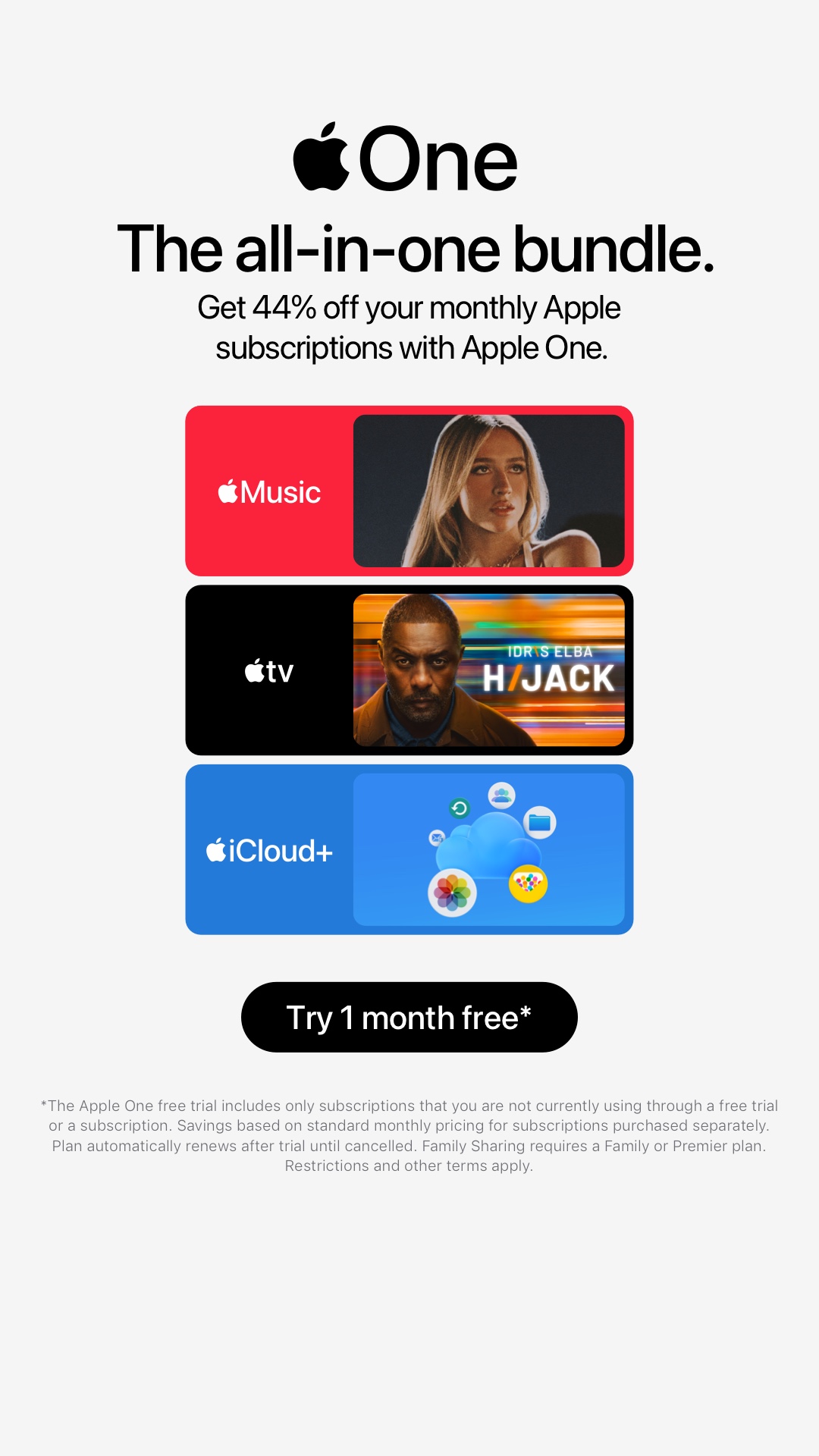 Technology Facebook ad example 39: Try Apple One free.*
