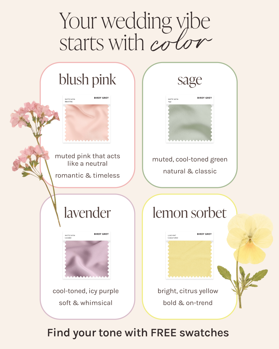 Weddings Facebook ad example 47: 3 words: FREE. FABRIC. SWATCHES.