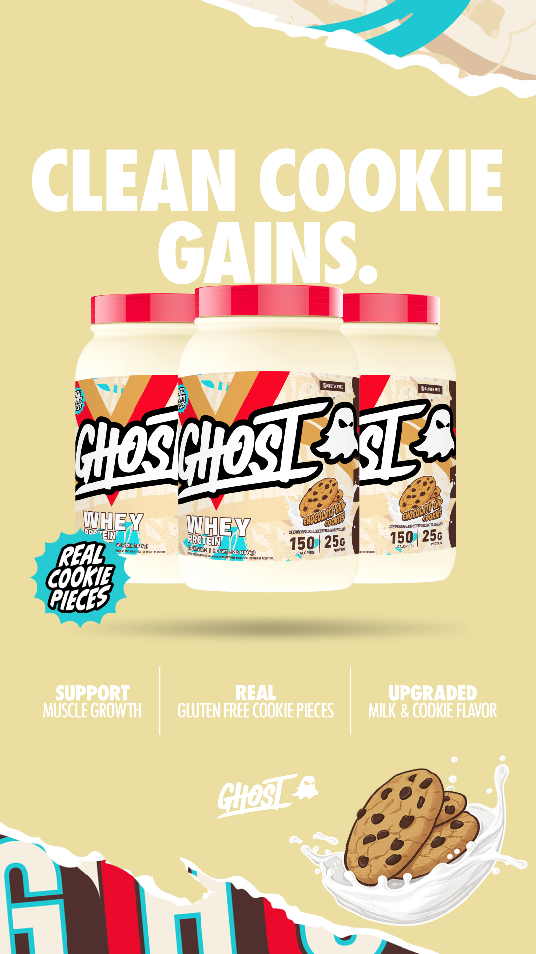 Supplements Facebook ad example 11: GHOST® WHEY "CHOCOLATE CHIP COOKIES"