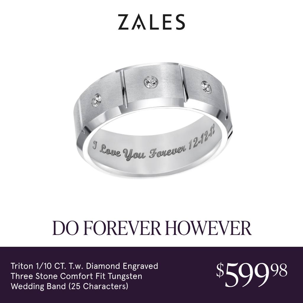 Jewelry Facebook ad example 32: Triton 1/10 CT. T.w. Diamond Engraved Three Stone Comfort Fit Tungsten Wedding Band (25 Characters)
