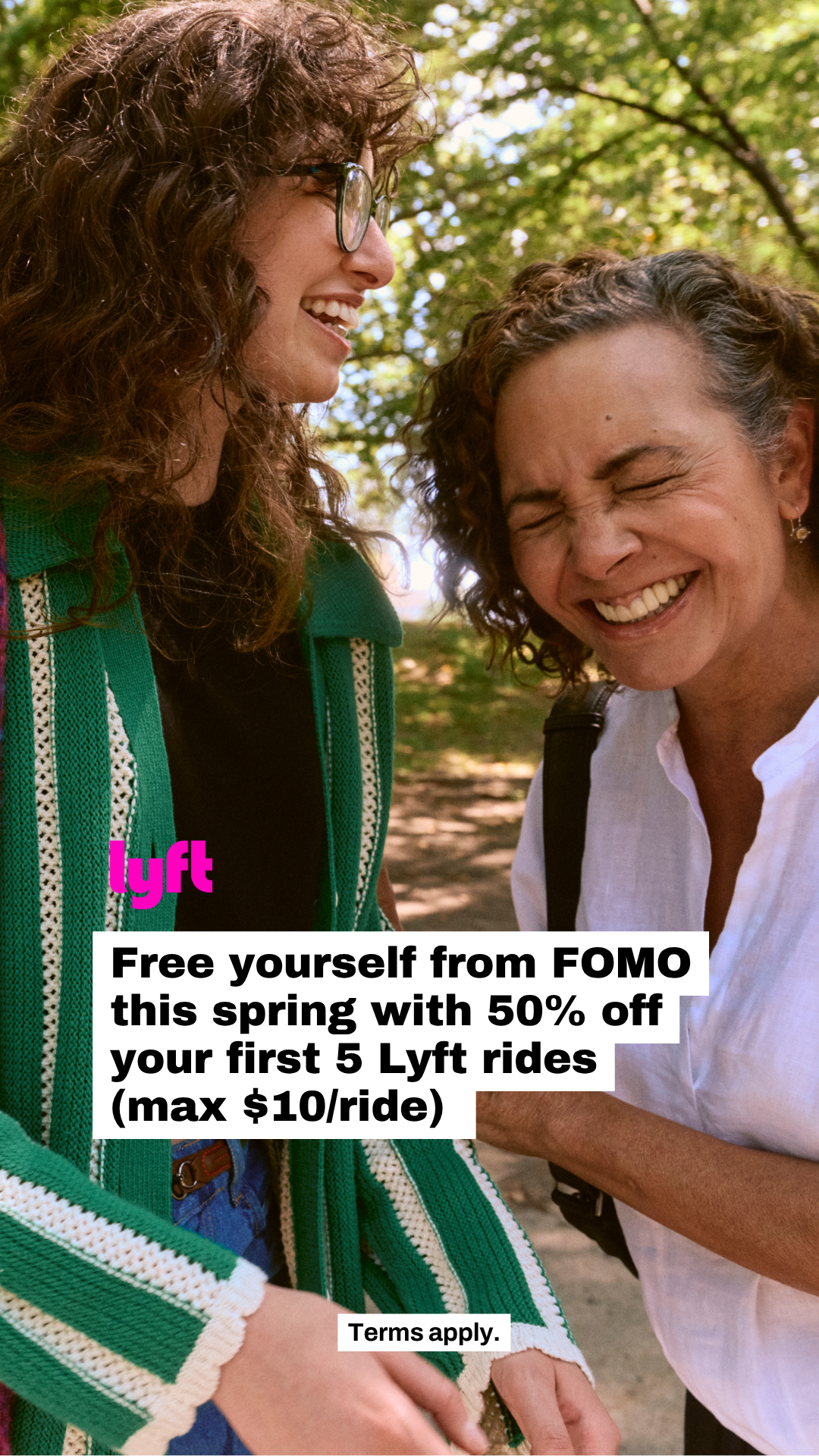 Apps Facebook ad example 10: Free yourself from FOMO this spring with 50% off your first 5 Lyft rides (max $10/ride)