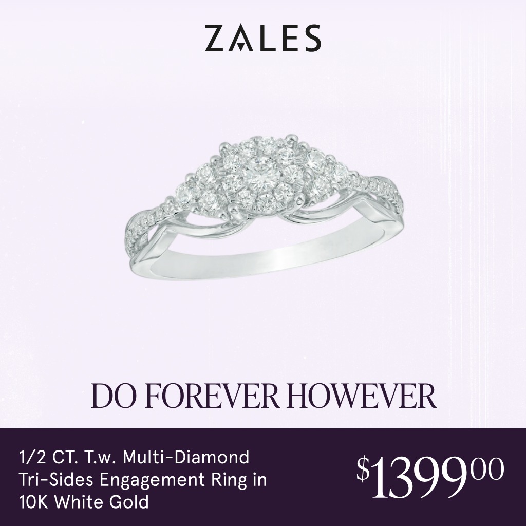 Jewelry Facebook ad example 25: 1/2 CT. T.w. Multi-Diamond Tri-Sides Engagement Ring in 10K White Gold