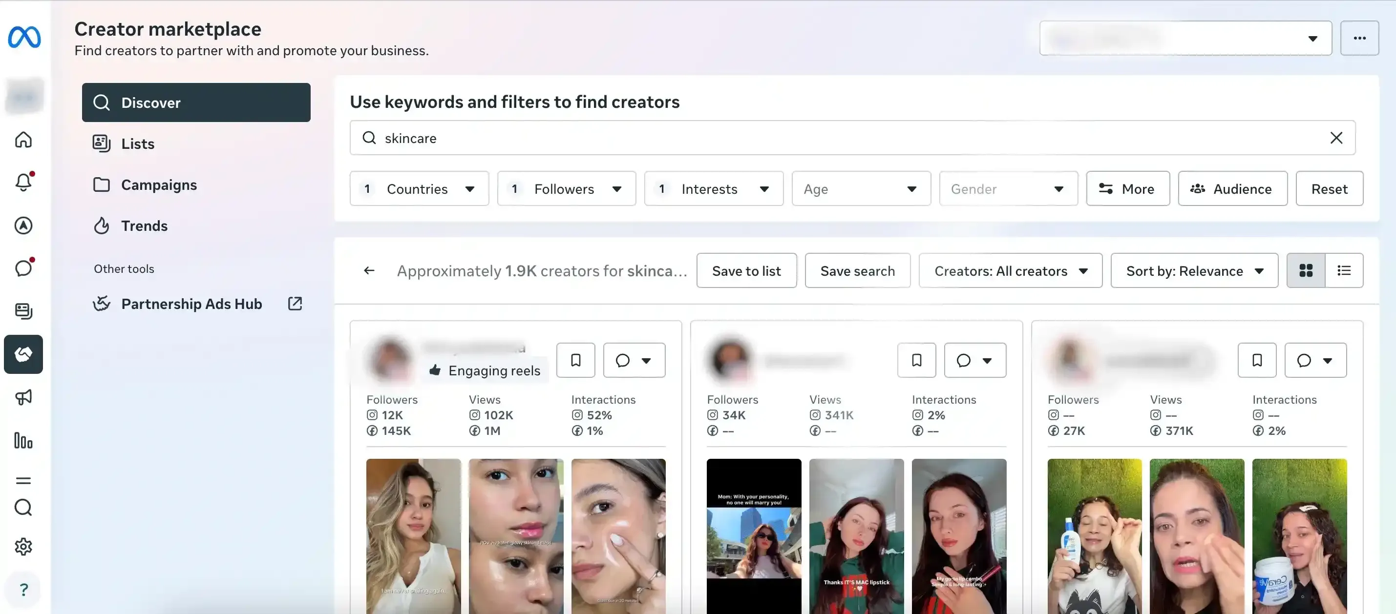 Instagram creator marketplace Discover page with search filters and recommended creators