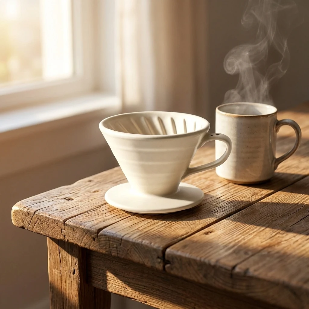 The same ceramic pour-over dripper generated via Ad Studio revise_creative_variate onto a rustic wood breakfast table with a steaming mug and morning window light, same product position as the source