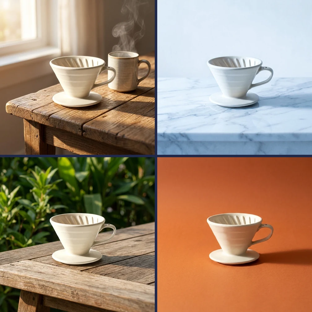 Four AI-generated variations of the same coffee dripper product photo: breakfast table, marble counter, patio table, and studio backdrop, all via Ad Studio revise_creative_variate