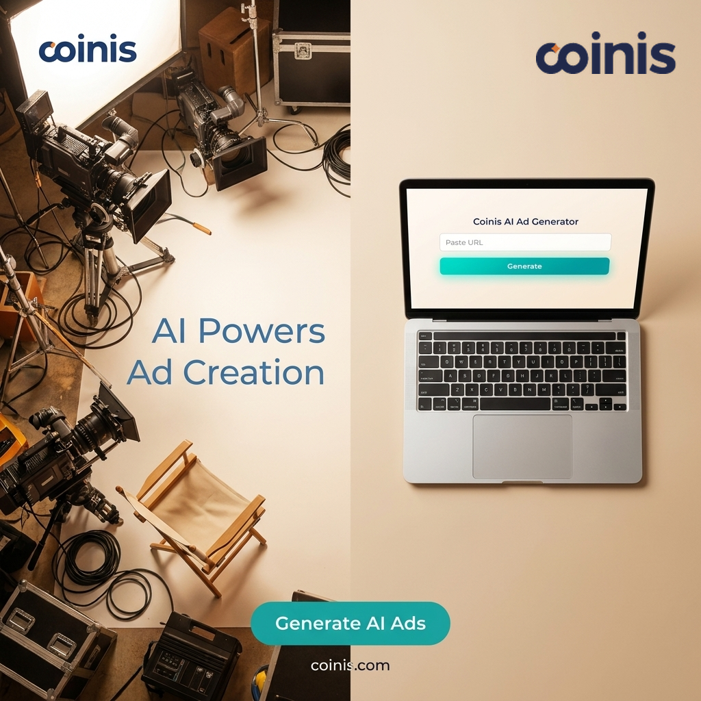 Coinis Ad Studio feature-callout square ad creative generated via generate_image_templates, headline AI Powers Ad Creation