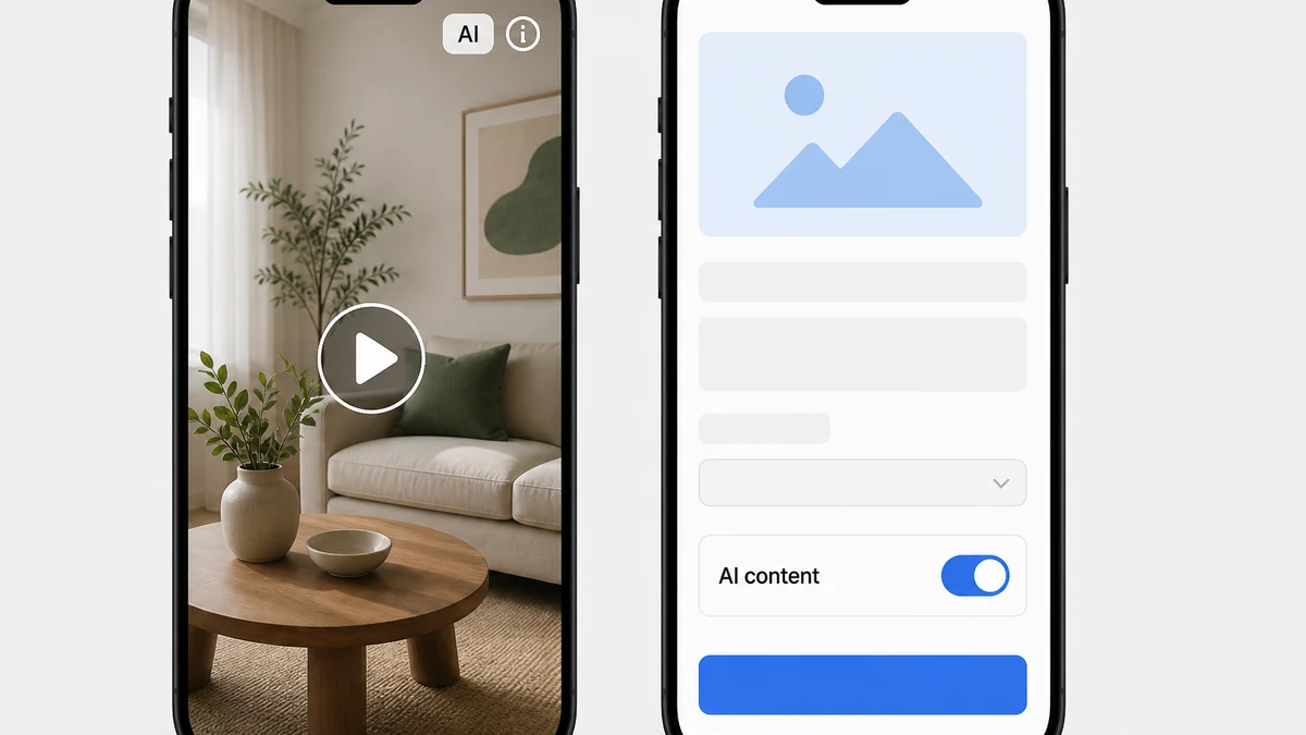 Mockup of Meta's automatic AI info label on a video ad next to TikTok's manual AI-generated content disclosure toggle switched on