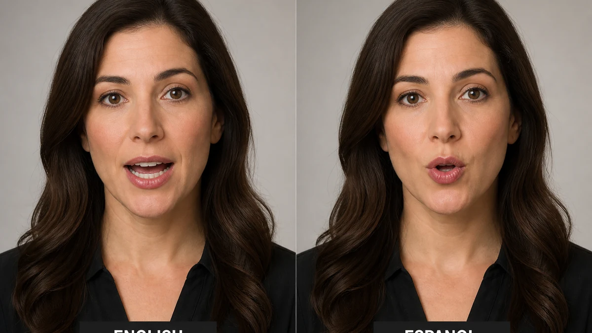 Split-frame comparison of the same spokesperson speaking English on the left and lip-synced Spanish dubbing on the right