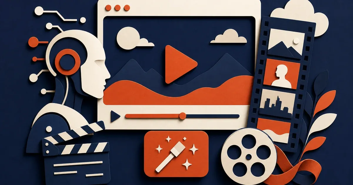 Paper-cut-out style illustration representing an AI ad video generator, navy orange cream palette