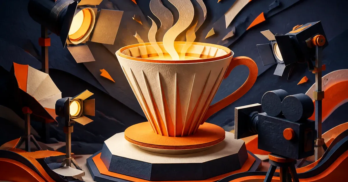 Paper-cut-out diorama of a ceramic pour-over coffee dripper on a spotlighted pedestal surrounded by miniature paper studio lighting rigs and a camera, representing Ad Studio cinematic ad presets