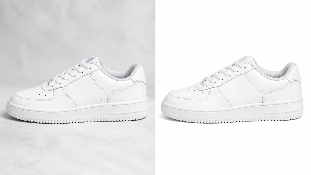 Before and after: a product photo against a gray studio background on the left, the same product against a pure white background on the right