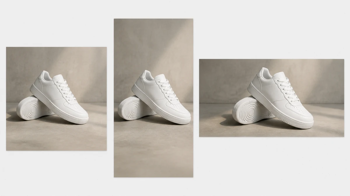 The same corrected product photo shown in three ad formats: a square crop, a vertical crop, and a horizontal crop