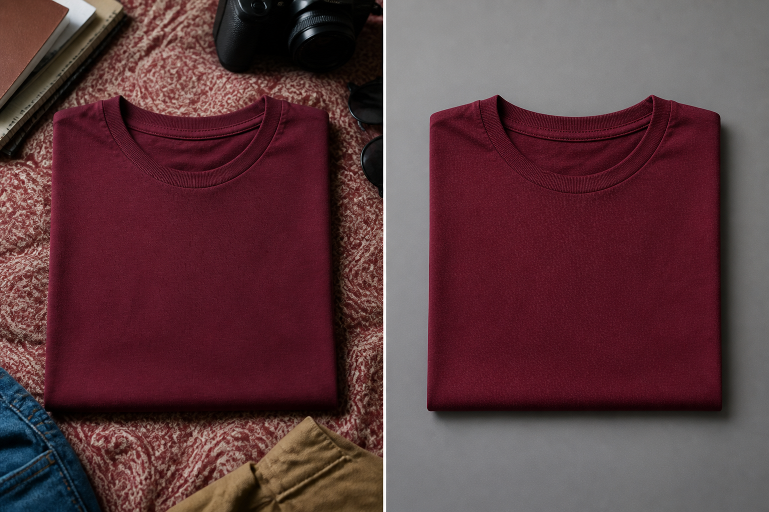 A folded shirt split in half: left side against a cluttered, busy background, right side against a clean neutral studio background