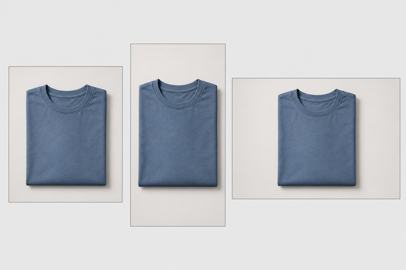The same clean garment photo rendered into three ad mockups side by side: a square feed post, a vertical Story, and a horizontal Display banner