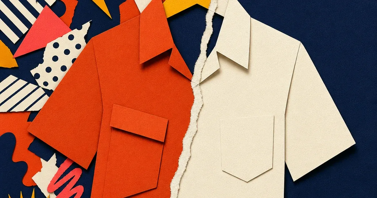 A shirt torn in half by a jagged paper seam, one side against a busy cluttered background, the other side against a clean flat backdrop