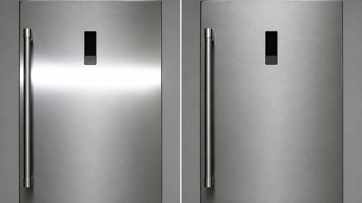 A split-frame photo of a generic brushed stainless steel refrigerator door: left side shows a long blown-out reflection streak washing out the handle and control panel, right side shows the same door with the streak corrected to an even brushed-metal gradient