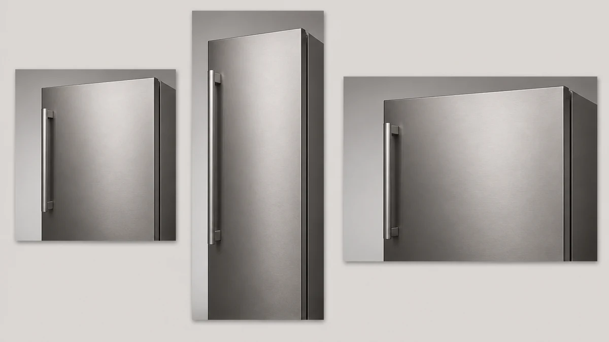 A flat-lay mockup of the same corrected generic refrigerator door photo shown as a square feed crop, a vertical story crop, and a wide landscape crop