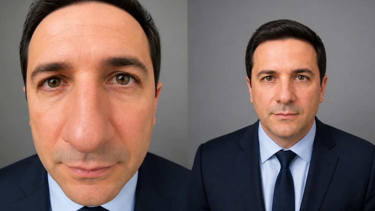 Illustrative before and after: a distorted close-range webcam headshot corrected to show natural, proportionate facial features