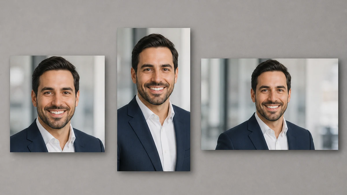 Illustrative mockup: the same corrected attorney headshot shown as a square feed ad, 9:16 story, and horizontal display banner