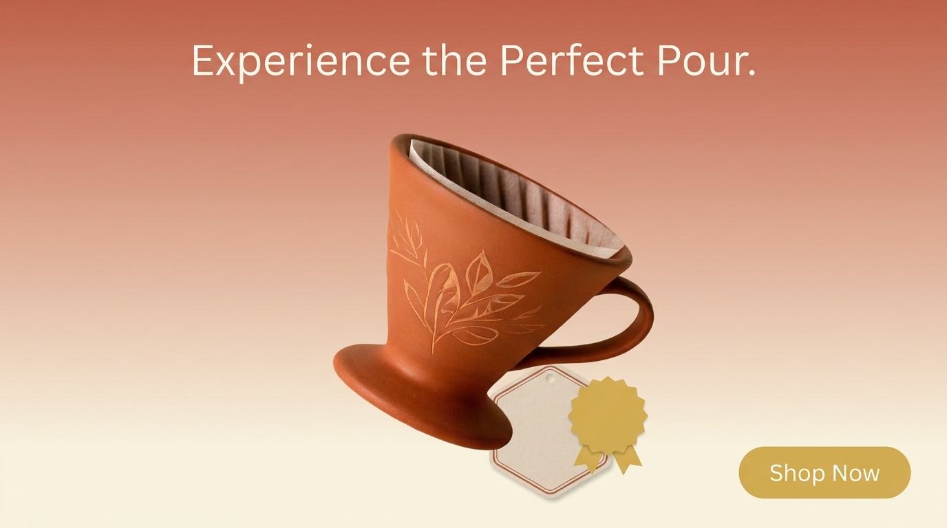 Aura Clean recreation: the same product angle and lower-right price-tag callout structure rebuilt in a terracotta ceramic palette for the fictional Aura Clean brand