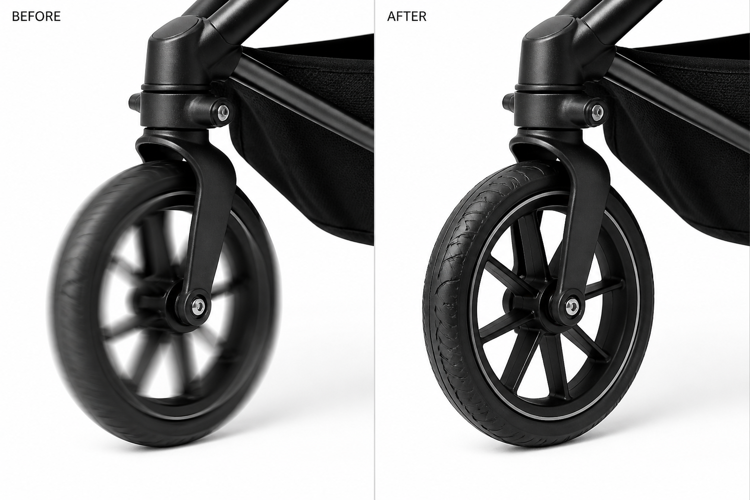 Before and after: a stroller wheel photo with visible motion blur on the left, corrected to sharp, well-defined detail on the right, product only, illustrative example