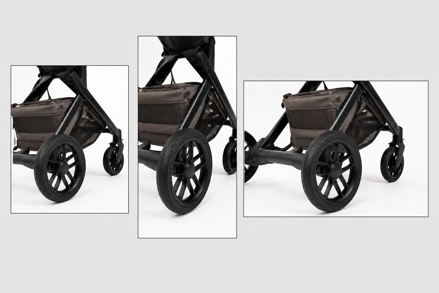 The same corrected stroller product photo composed into three ad-ready crops for different placements, product only, illustrative example