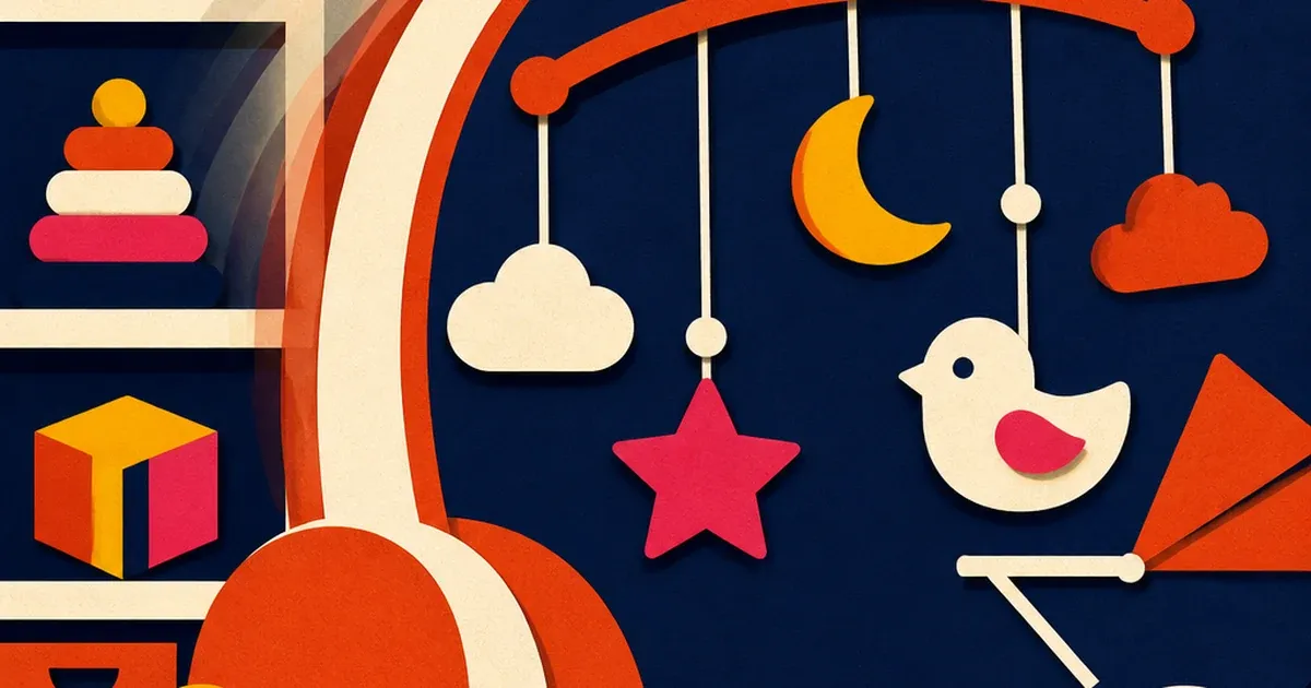 Flat paper-cutout illustration of a crib mobile with a motion-blur streak trail on its swinging arm, a wind-up key at the base, and a stroller wheel in the corner