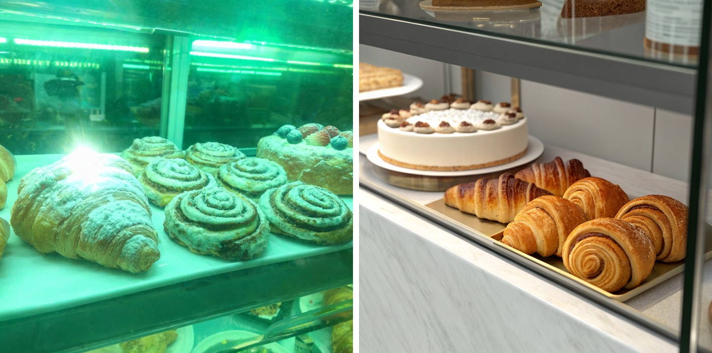 Before and after: a bakery display case photo with a green fluorescent color cast and a blown-out glaze glare hotspot, corrected with enhance_asset_proxy to neutral golden color with restored texture