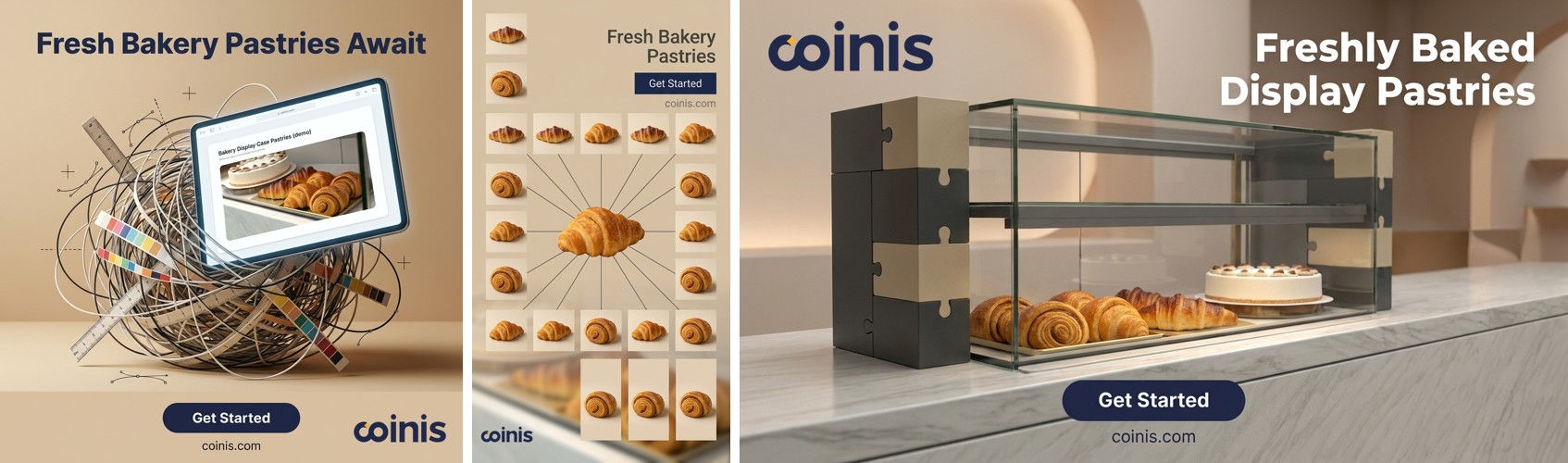 The corrected bakery pastry photo fanned out into three ad formats with generate_image_templates: square feed post, vertical Story crop, and horizontal Display banner