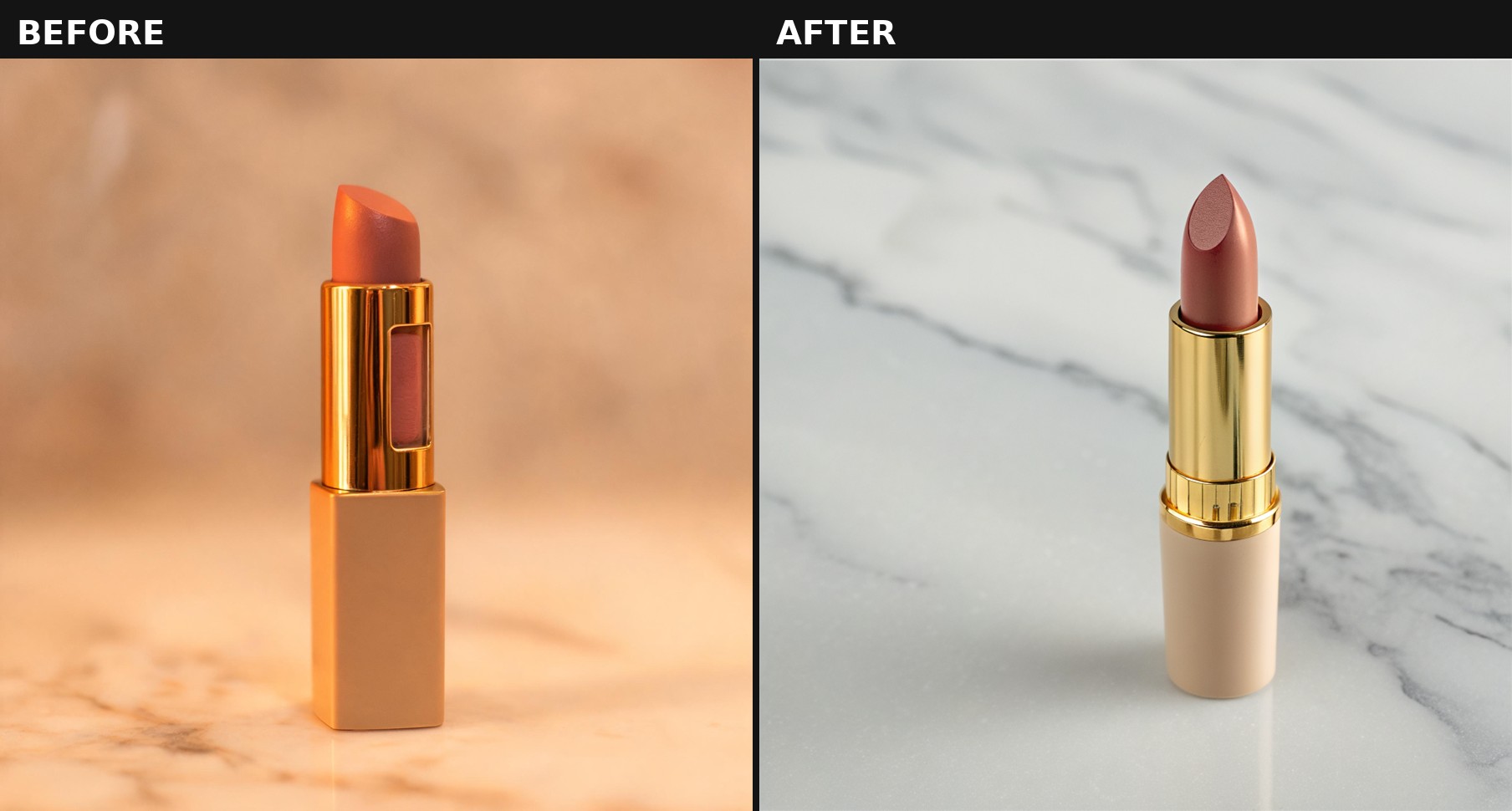 Before and after: a lipstick photo shot under warm indoor light with a visible orange color cast on the left, and the same lipstick corrected to its true dusty rose shade on the right, via a real enhance_asset_proxy call