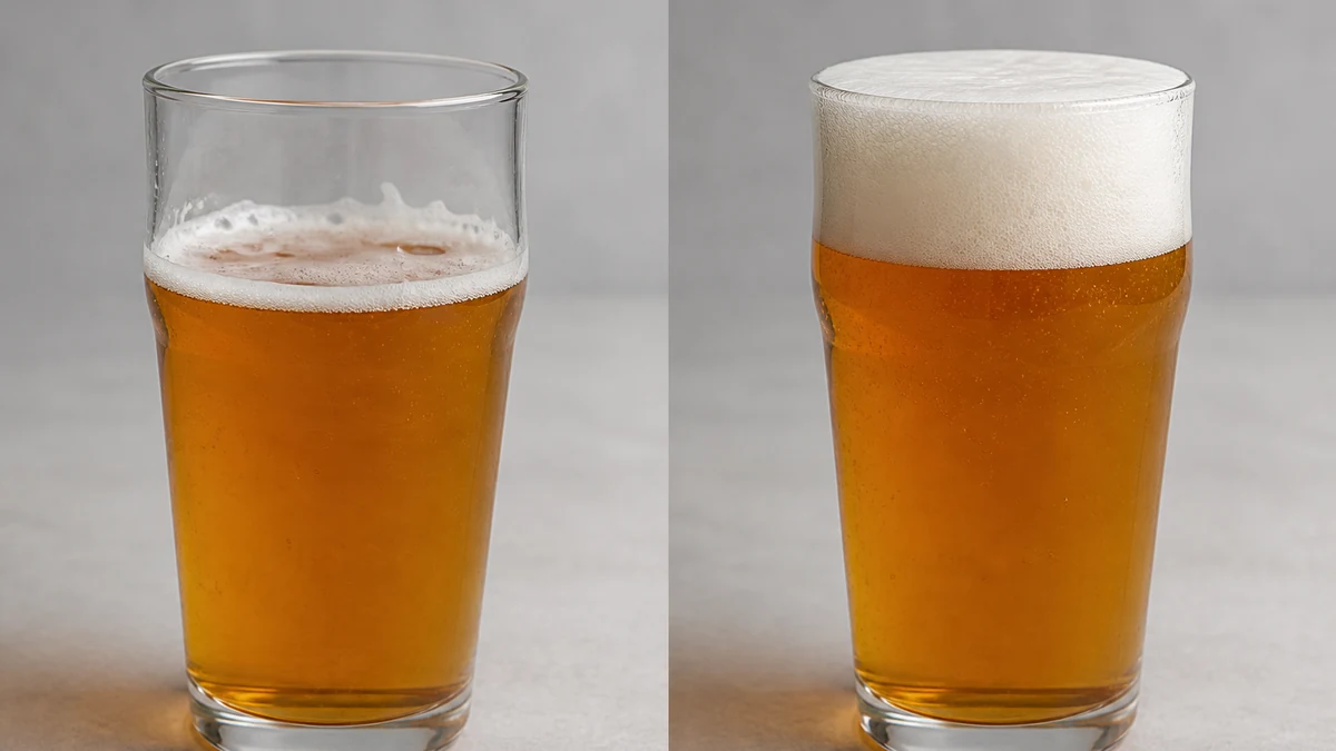 A split-frame photo of a generic glass of beer: left side shows a thin, patchy, mostly collapsed foam head, right side shows the same glass with a fuller, fresher-looking foam head restored