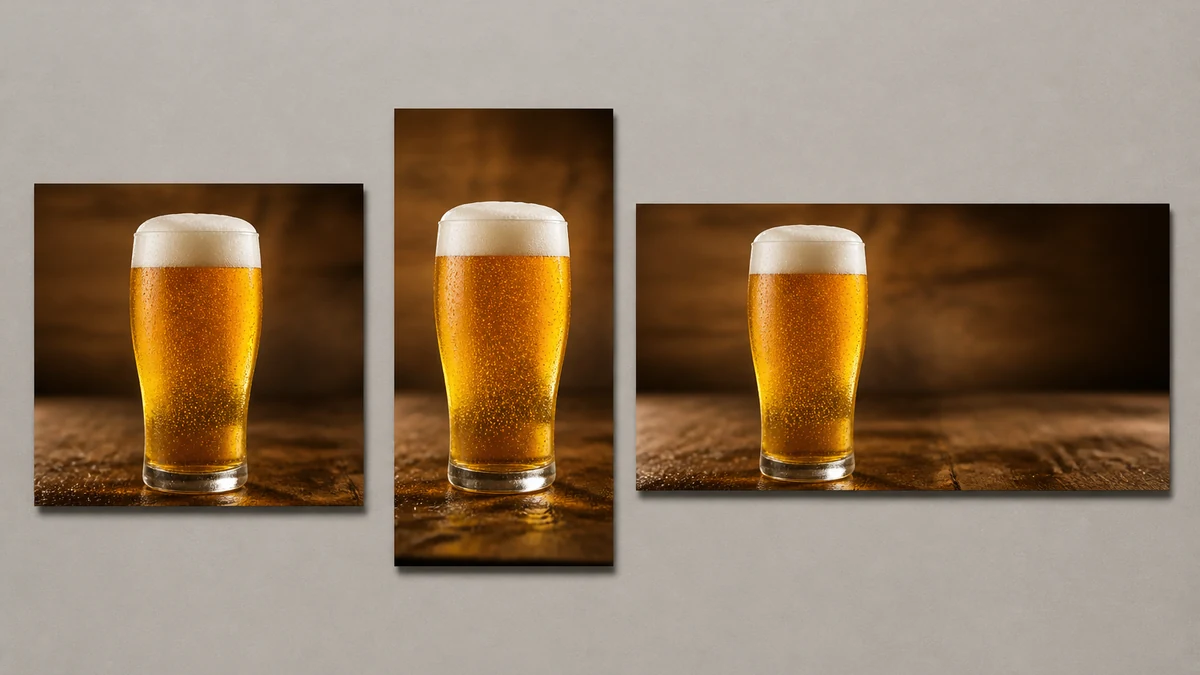 A flat-lay mockup of the same corrected generic beer glass photo shown as a square feed crop, a vertical story crop, and a wide landscape crop