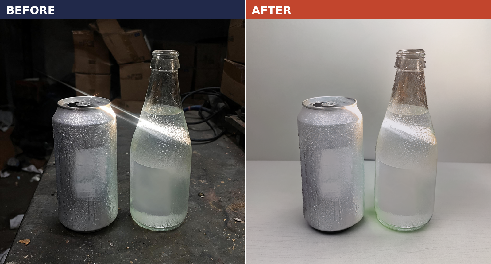 Before and after: a beverage can and bottle photo with condensation fog and glare, repaired to a clean studio background via Coinis Ad Studio enhance_asset_proxy