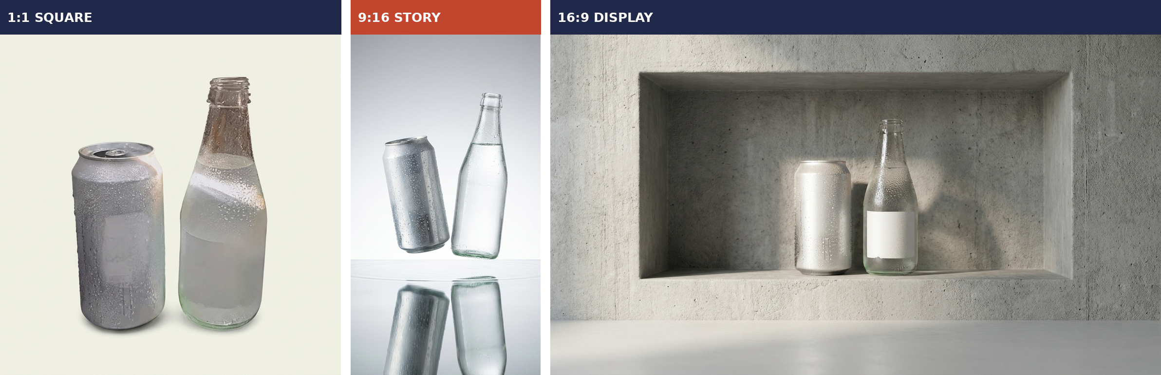 The same repaired beverage bottle shot generated into three ad sizes via Coinis Ad Studio generate_image_templates: 1:1 square, 9:16 story, 16:9 display banner