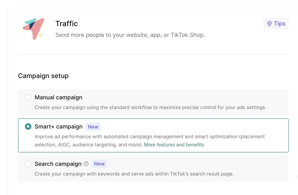 TikTok Ads Manager campaign setup with the Smart+ campaign option selected