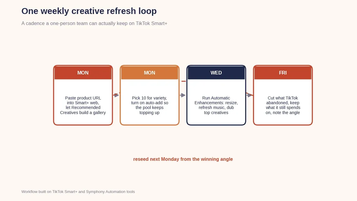 Weekly TikTok creative refresh loop: paste product URL Monday, enhance midweek, prune Friday, reseed next Monday