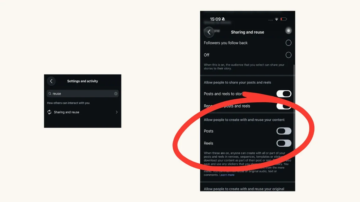 Instagram Sharing and reuse settings screen showing the Posts and Reels reuse toggles switched off