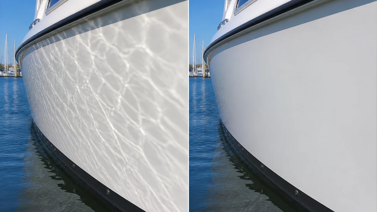 Illustrative before and after boat hull photo, left side with bright wobbling caustic light streaks across the gelcoat, right side with even true-to-life gelcoat color after correction