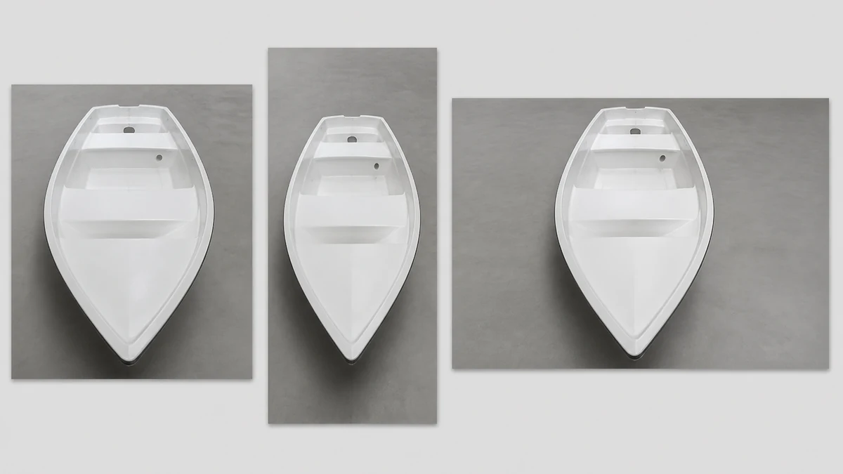 Illustrative corrected boat hull photo laid out as a square post, a vertical story frame, and a landscape banner using the same source image