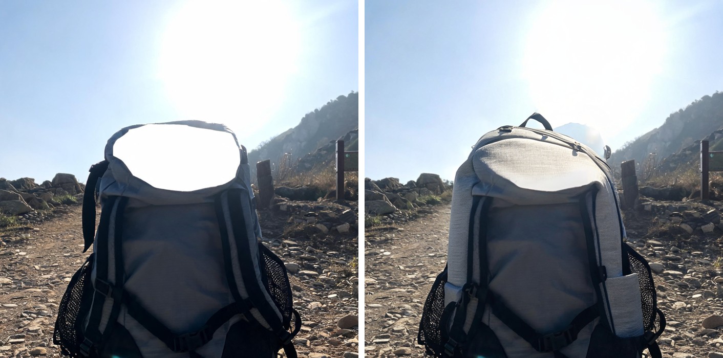 Before and after: a hiking backpack photo with a blown-out white top flap and crushed black straps, corrected via enhance_asset_proxy to show fabric texture recovered on the flap while the trail and mountain background stay unchanged