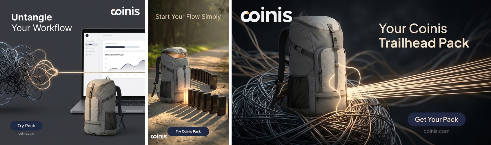 The corrected backpack photo resized into three ad formats: square Facebook feed, 9:16 Story, and horizontal landscape Display banner