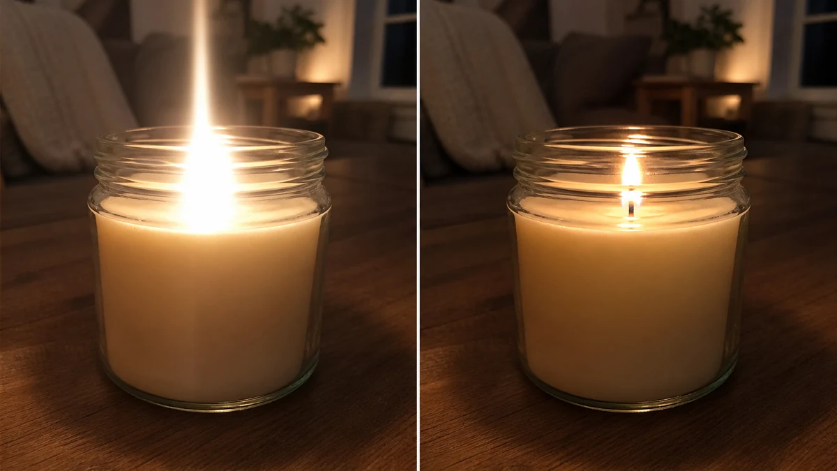 Before and after split photo of a lit candle: left shows a blown-out white-blob flame with a vertical streak, right shows the same candle with a corrected natural flame shape and visible wick